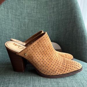 Sam Edelman mules heels suede leather Bates tan perforated Golden Caramel size 8